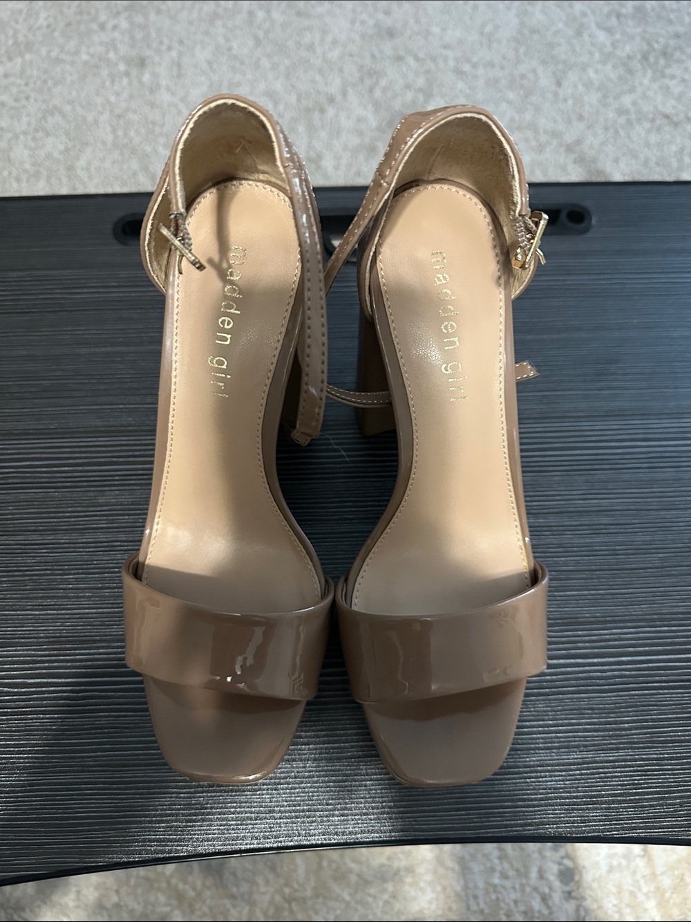 Madden Girl Nude Patent Block Heel Sandals